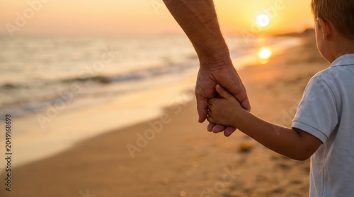 Father and Son Walking on Beach at Sunset, Heartwarming Family Bonding Moment Celebrating Father's Day, Love, Connection and Togetherness
