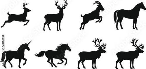 Photography Black animal silhouettes set featuring deer, horse, goat, and unicorn icons isol