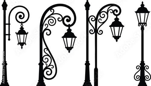 Obraz na płótnie Vintage street lamp silhouettes vector set featuring decorative wrought iron lan