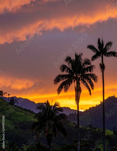Golden hour palm silhouette against dramatic sky.