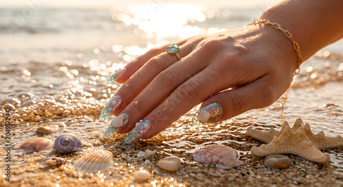 3D mermaidcore stiletto nail extensions featuring fish scale texture, metallic seashell charms, half pearls, and starfish art on a sandy beach wash, sea glass nails, sunset, bokeh