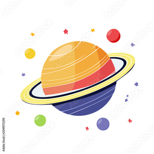 Stylized planet with rings and moons, flat design