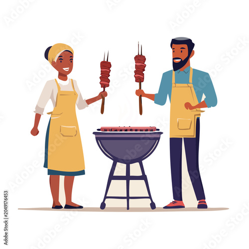 Couple grilling meat on barbecue grill