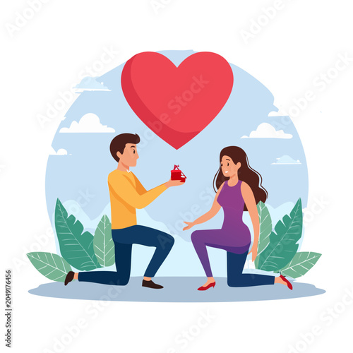 Couple proposing with ring box under a large heart