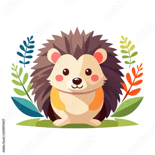 Cute cartoon hedgehog with leaves