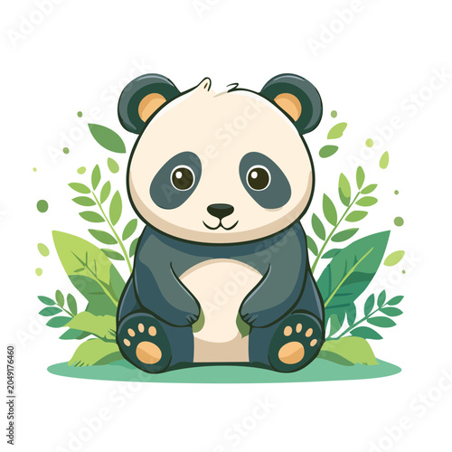 Cute cartoon panda bear sitting among green leaves