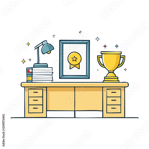 Desk with trophy, framed award, lamp, and books