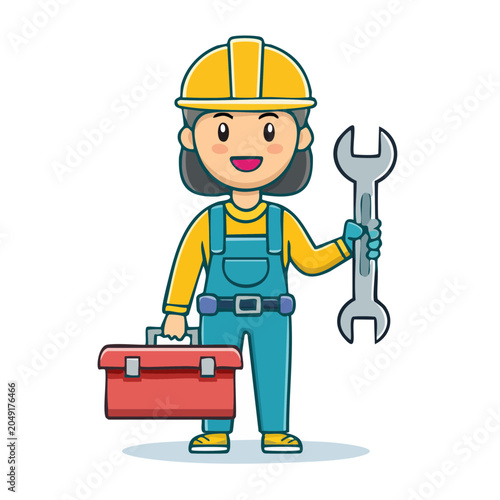 Female mechanic with wrench and toolbox