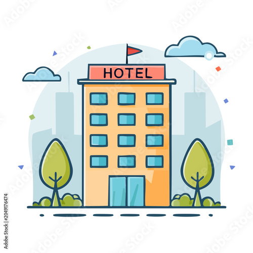 Flat design illustration of a hotel building in a city