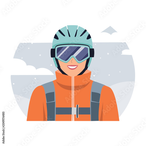 Flat design illustration of a smiling skier in winter gear