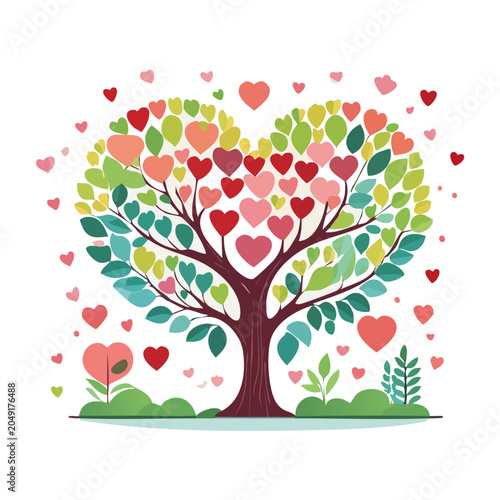 Heart shaped tree with colorful heart leaves and flying hearts