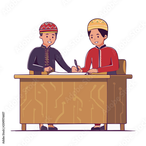 Two men in traditional attire signing a document at a desk