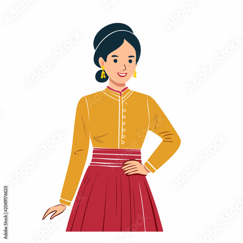 Woman in Traditional Yellow Blouse and Red Skirt