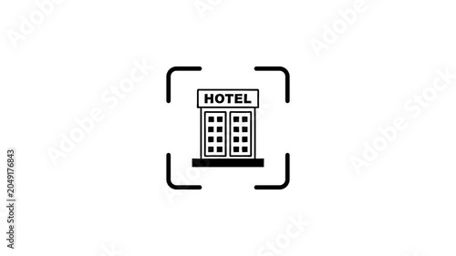 A motion graphic of a hotel building icon expanding within a target with glowing green accents indicating activation.