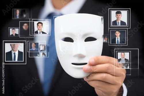Digital deception: unveiling the threat of ai deepfakes. Real vibe. The intricacies of facial tech: man with mask in cybernetic patterns. Magazine cover. Everyday life.