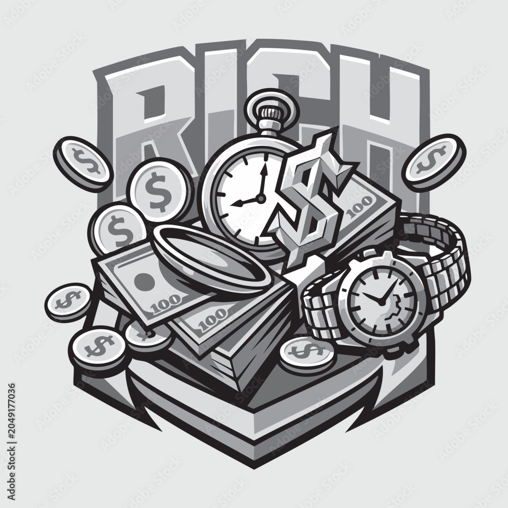 Fototapeta premium Rich Money Wealth Typography with Coins and Clock Vector Illustration