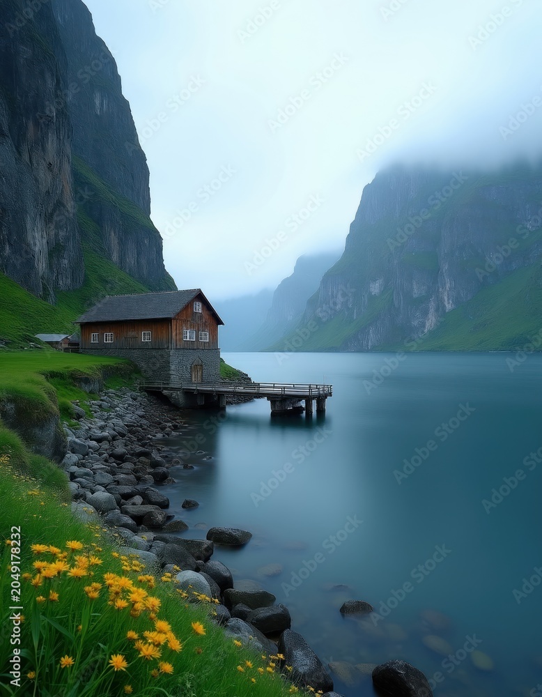 Obraz premium Wooden house on rocky shore next to calm fjord. Steep green mountains rise from water into fog. Yellow flowers grow on grassy bank near stone pier.