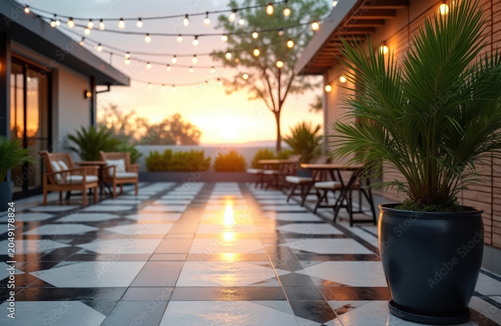 Fototapeta premium Empty modern patio with black white tile floor. Outdoor lounge chairs and tables under string lights. Tropical palm plant by building facade at sunset. Peaceful urban rooftop terrace.