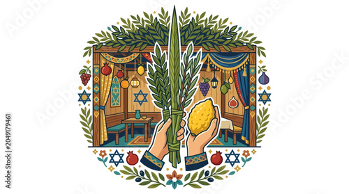 Quadro su tela Hands holding the Four Species Lulav and Etrog for Sukkot.