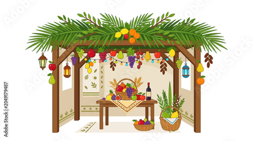 Illustrated sukkah booth decorated with hanging fruits and festive garlands.