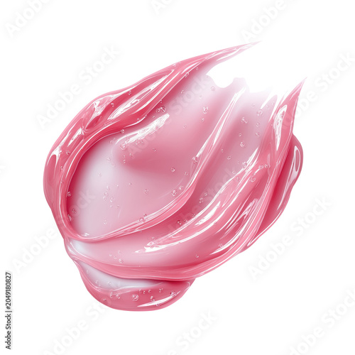 A glossy, translucent pink gel smear with bubbles, showcasing smooth texture and shine on a white background.