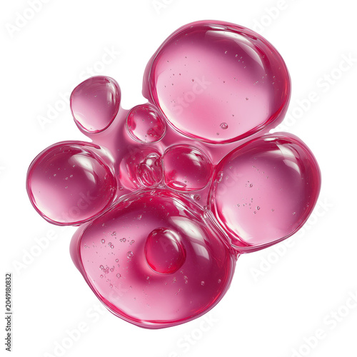 Close-up of transparent pink liquid bubbles clustered together on a white background.