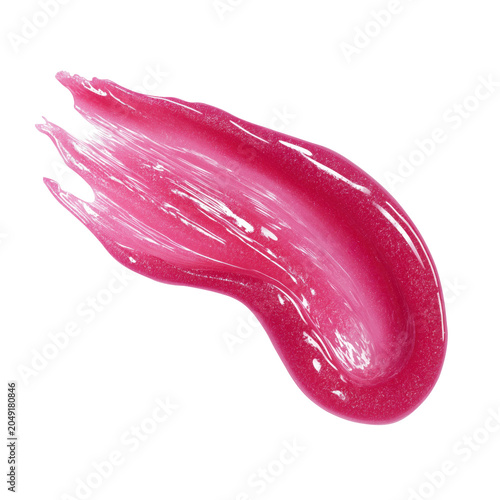 A glossy, vibrant pink lipstick smear with a smooth and shiny texture on a white background.