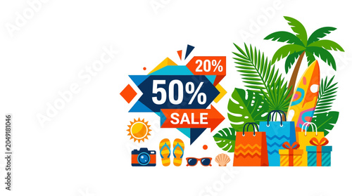 Tropical summer sale vector illustration featuring 50 percent discount banner, palm trees, monstera leaves, shopping bags, gift boxes, surfboard, camera, and sunglasses on white.