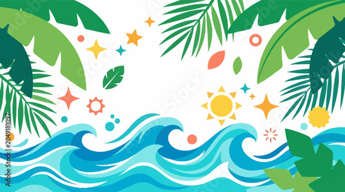 Tropical summer background with green palm leaves, blue ocean waves, and sun icons on white. Flat vector illustration frame for seasonal sale banner or travel poster.