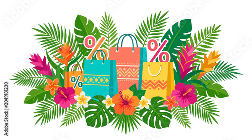 Vector Illustration of Summer Sale Banner with Colorful Patterned Shopping Bags, Tropical Hibiscus Flowers, Monstera Leaves, Palm Fronds and Pink Percentage Symbols on White.