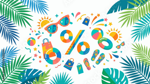 Summer sale banner with large colorful percentage sign, tropical palm and monstera leaves, sunglasses, flip-flops, beach balls, sun icons, and shopping bags on a white background.