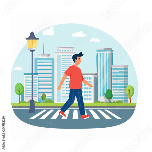Man walking across a crosswalk in a city