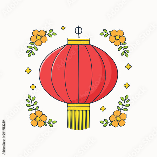 Red Chinese Lantern with Flowers and Stars