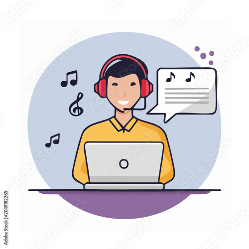 Person wearing headphones and using a laptop with music notes