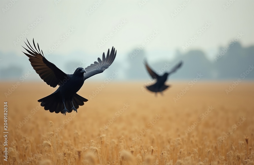 Fototapeta premium Two black crows fly over a golden agricultural field under a hazy sky. Birds soar above dry grass stalks in a rural landscape during daytime. Wildlife in nature.