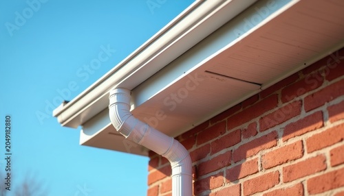 White rain gutter and downspout system on red brick wall under clear blue sky. Protective roofline detail for water management and home exterior protection.