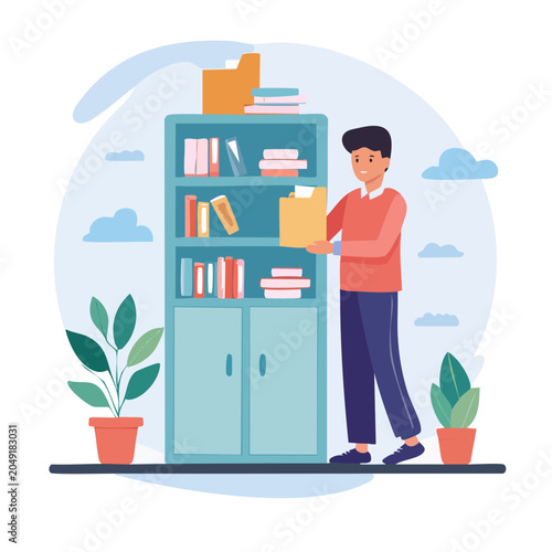 Man organizing files on a bookshelf in flat design style