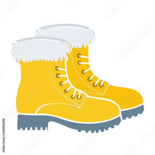 Yellow winter boots with white fur trim, flat design
