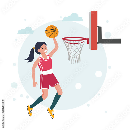 Young girl playing basketball, jumping to score
