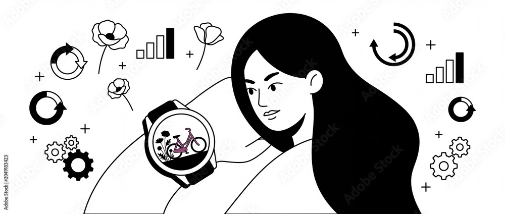 Obraz premium Smartwatch fitness tracker vector illustration of a young woman tracking daily activity, cycling workout goals, and productivity data icons, presenting a clean modern digital wellness lifestyle.