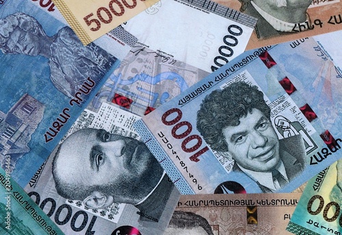 Εκτύπωση καμβά Armenian dram money banknotes bunch on table