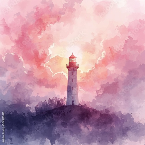 Abstract watercolor lighthouse surround by pink and purple clouds 