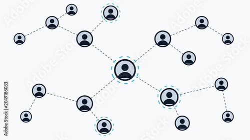 Social Network Connection Animation with User Icons and Dotted Lines on White Background.
