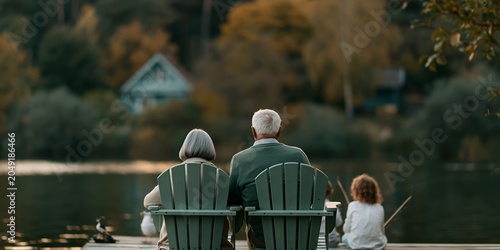 Elderly couple and child enjoy lakeside tranquility during autumn