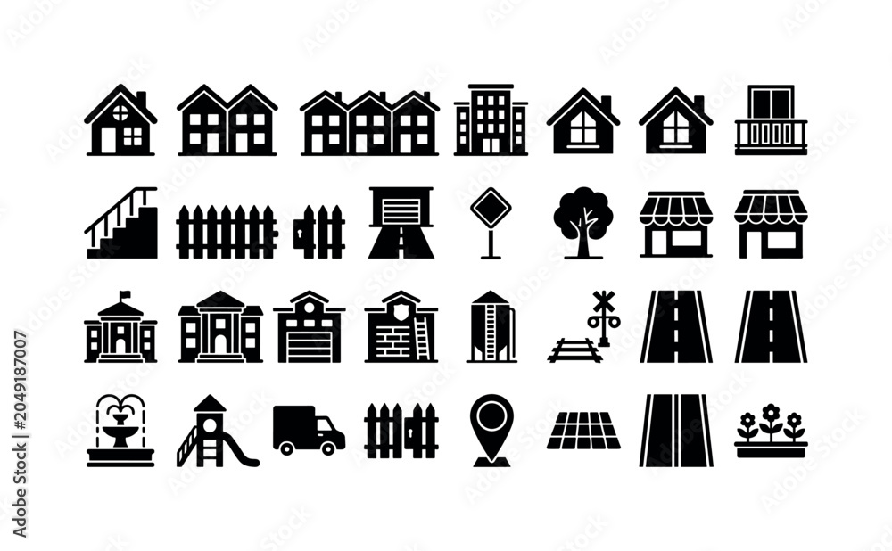 Fototapeta premium Neighborhood Block Icons. Solid glyph icon set of small town architecture: cottage, duplex house, row house, central apartment block, attic window, balcony, stairs, picket gate, driveway, traffic