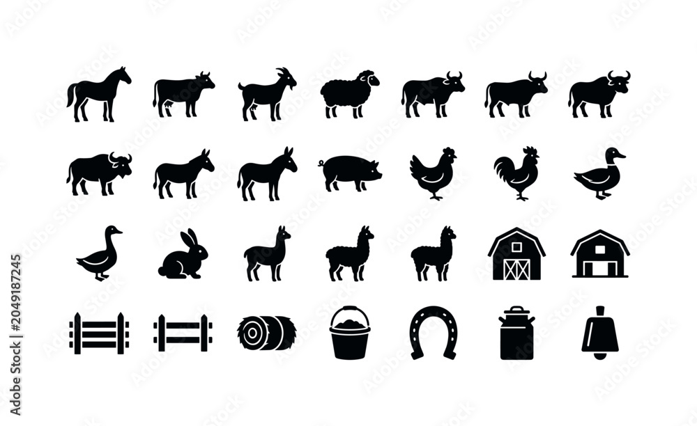 Naklejka premium Pasture Animal Glyphs. Solid glyph icon set of farm animals and rural livestock: horse, cow, goat, sheep, ox, bull, buffalo, donkey, pig, hen, rooster, duck, goose, rabbit, llama, alpaca, barn,