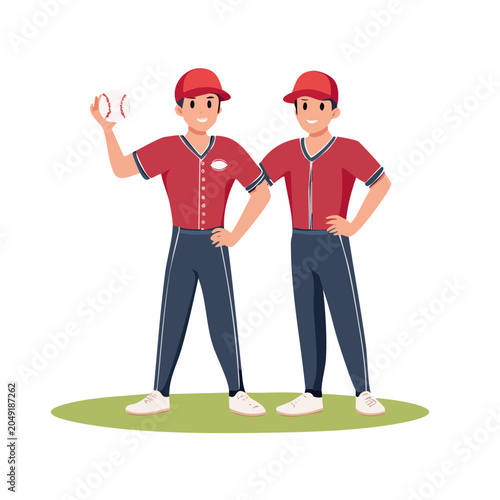 Two baseball players in uniform with a baseball