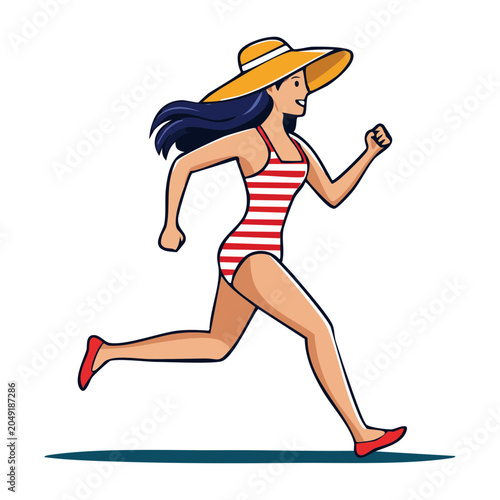 Woman in swimsuit and hat running