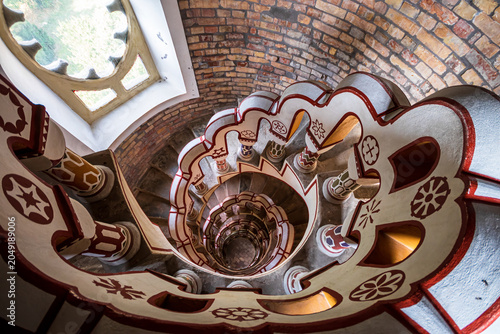 Bild auf Leinwand Circular staircase at Bory Castle in Szekesfehervar, Hungary, a popular tourist