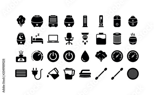 Home Humidifier Styles. Solid glyph icon set of air humidifier icons styles and usage: ultrasonic humidifier, steam humidifier, evaporative humidifier, tower humidifier, tabletop humidifier, portable
